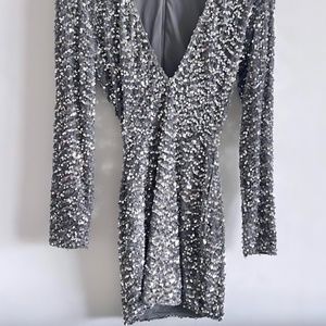 Silver sequenced long sleeve mini dress, Size S or 2